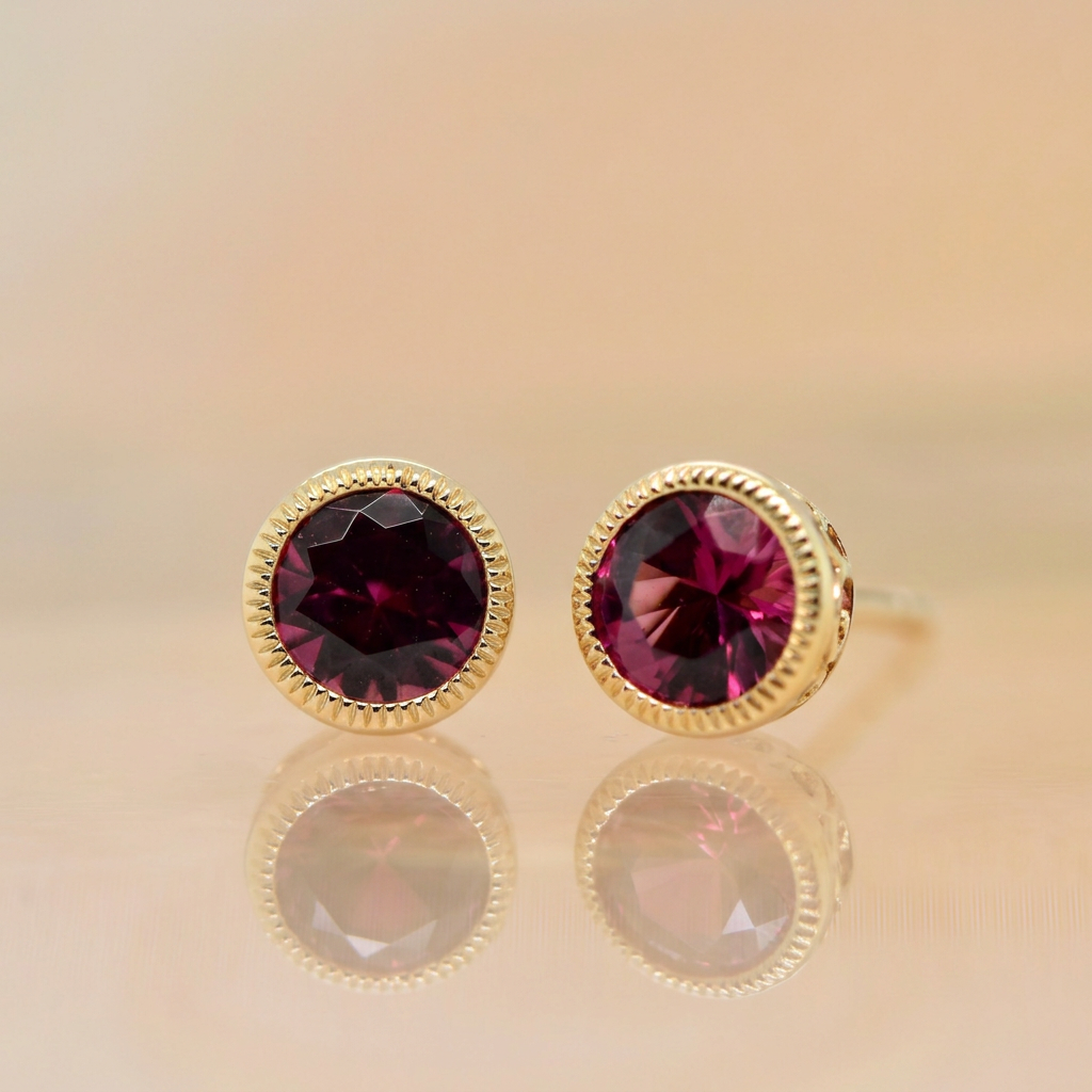 9ct Yellow Gold Rhodolite Garnet Bezel Stud Earrings