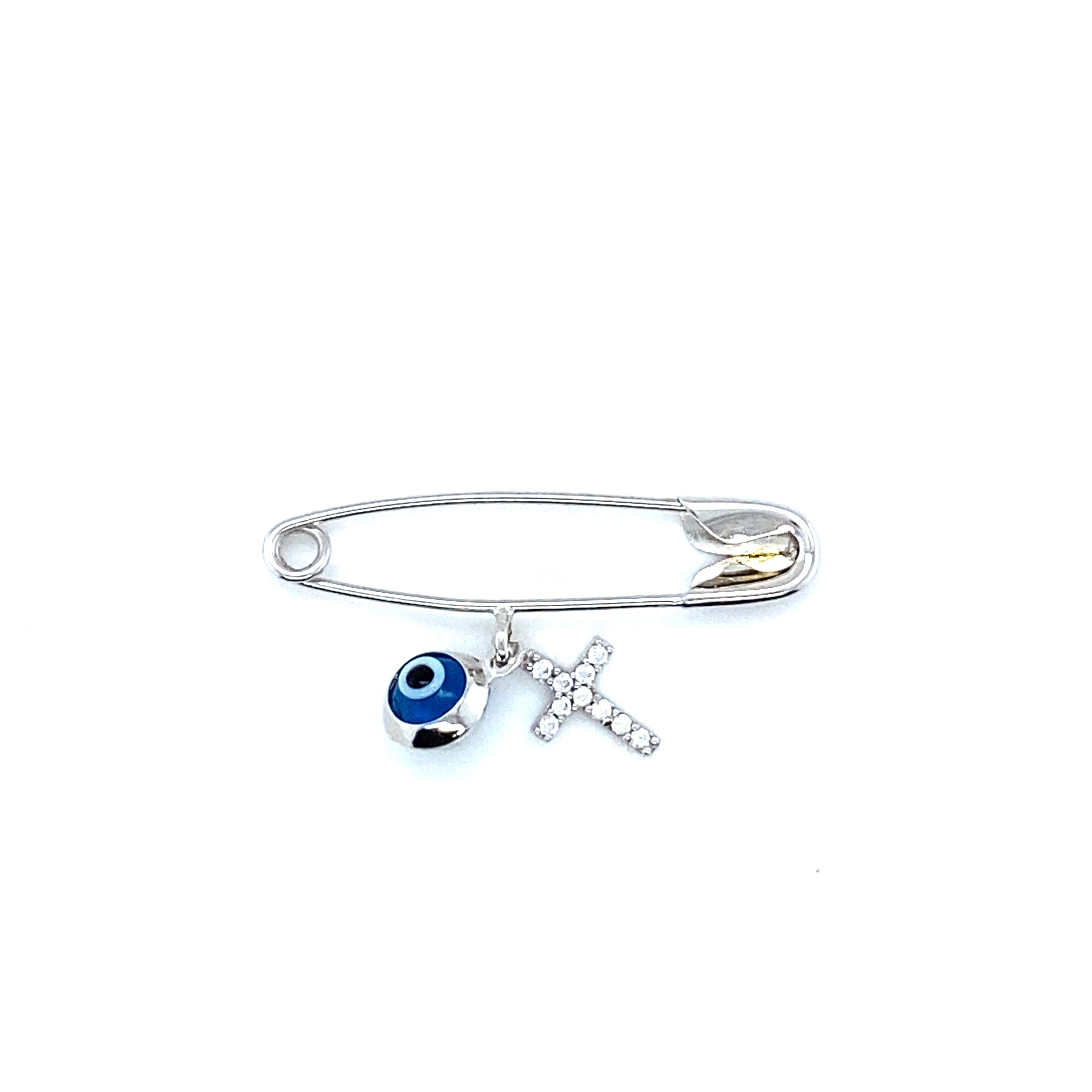 9ct WG Evil Eye/ CZ Cross Baby Pin