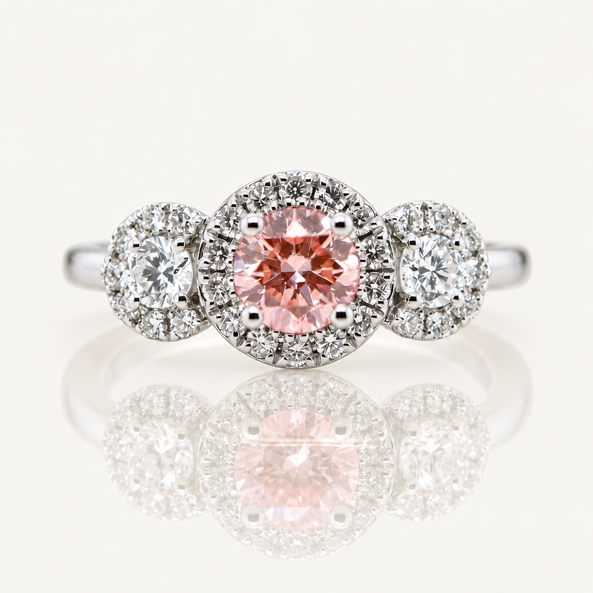 1.00ct Pink Lab Diamond Halo Trilogy Ring | 9ct White Gold