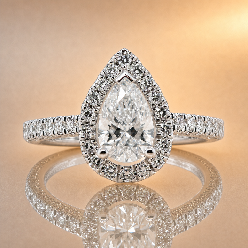 1.02ct Pear Cut Lab Grown Diamond Engagement Ring | Halo & Diamond Band | 9ct White Gold