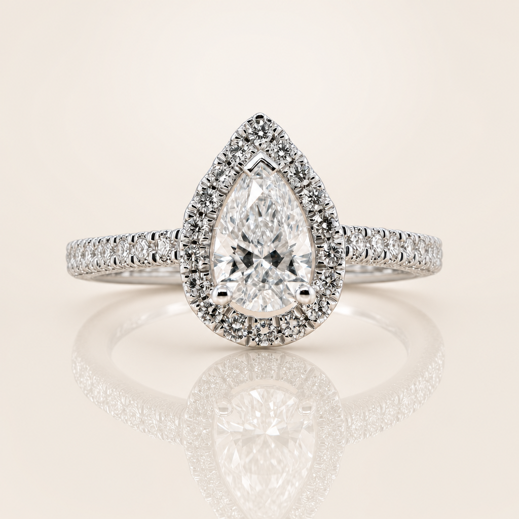 1.02ct Pear Cut Lab Grown Diamond Engagement Ring | Halo & Diamond Band | 9ct White Gold