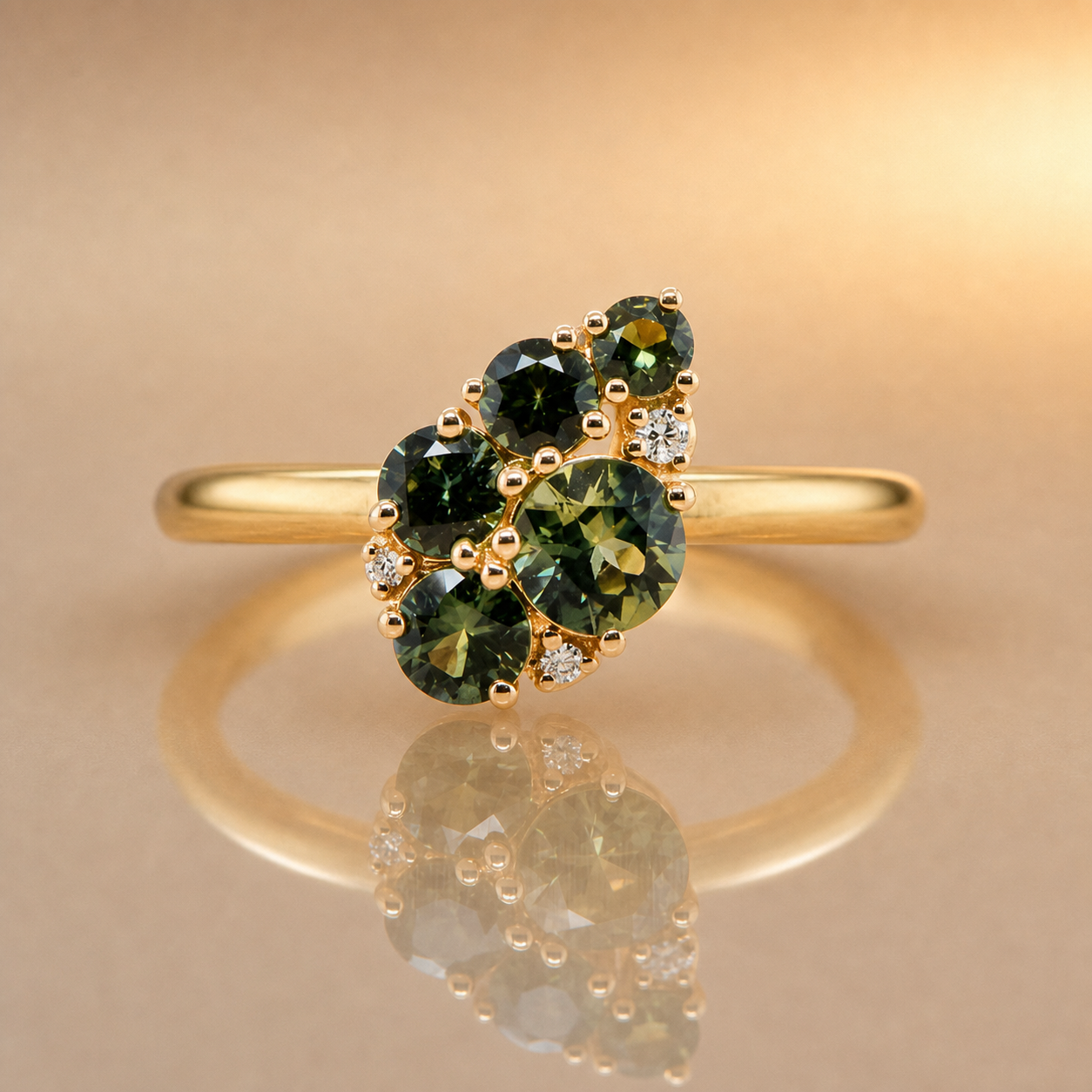 Gold ring with green gemstones on a beige background