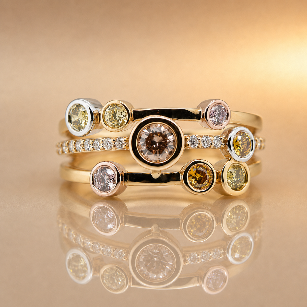 18ct Yellow Gold Natural Fancy Coloured Diamond Stacked Ring
