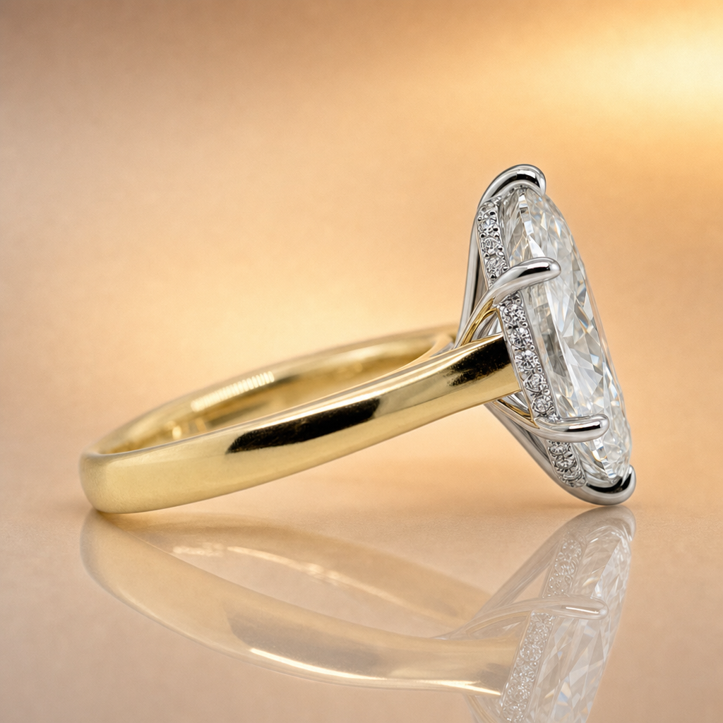 Genevieve | 7.07ct Oval Lab Grown Diamond Ring | Hidden Halo | 18ct Yellow & White Gold
