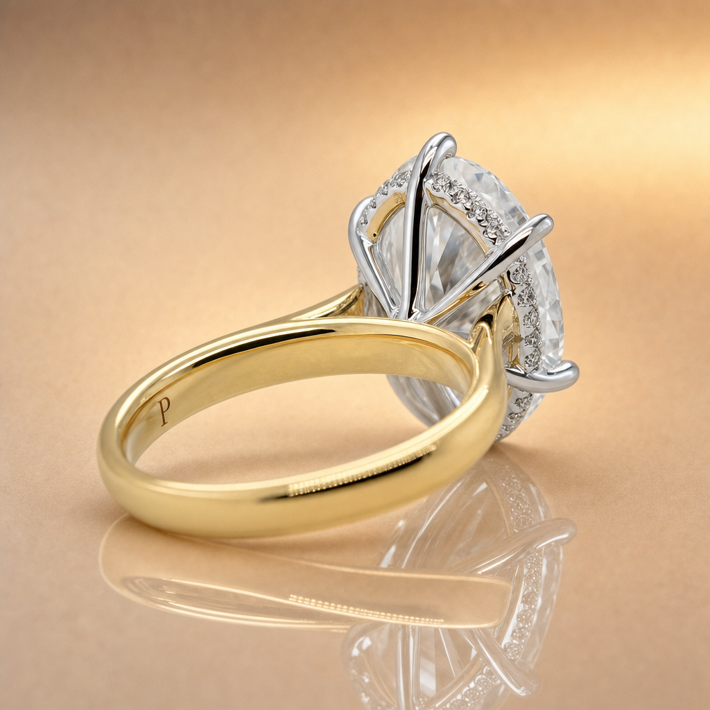 Genevieve | 7.07ct Oval Lab Grown Diamond Ring | Hidden Halo | 18ct Yellow & White Gold