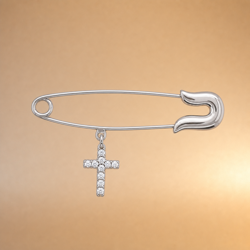9ct WG CZ Cross Baby Pin