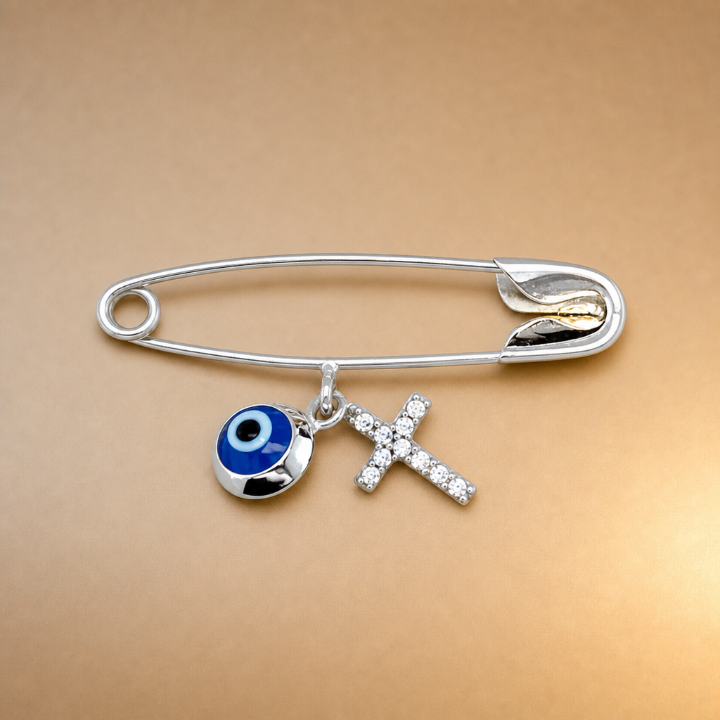9ct WG Evil Eye/ CZ Cross Baby Pin