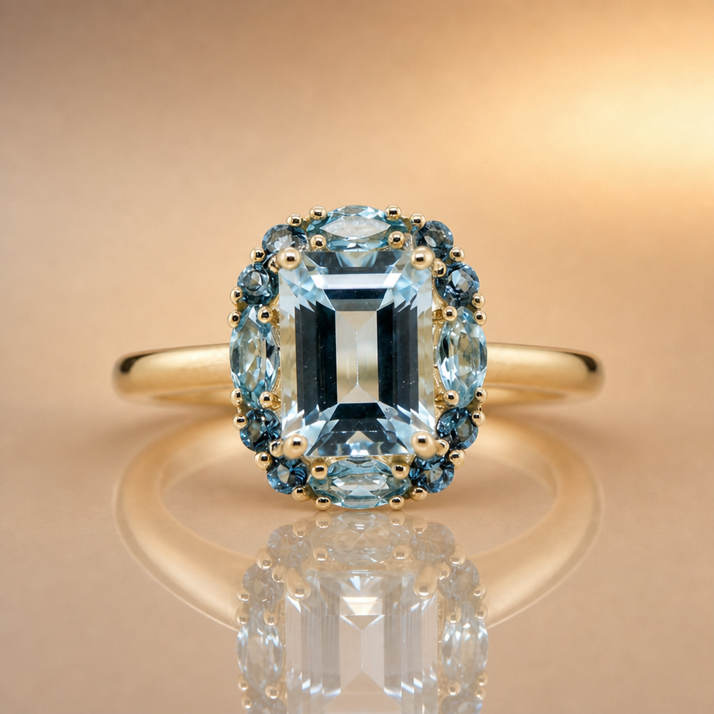 Gold ring with a large blue gemstone in the centre, surrounded by smaller blue gemstones, on a reflective surface