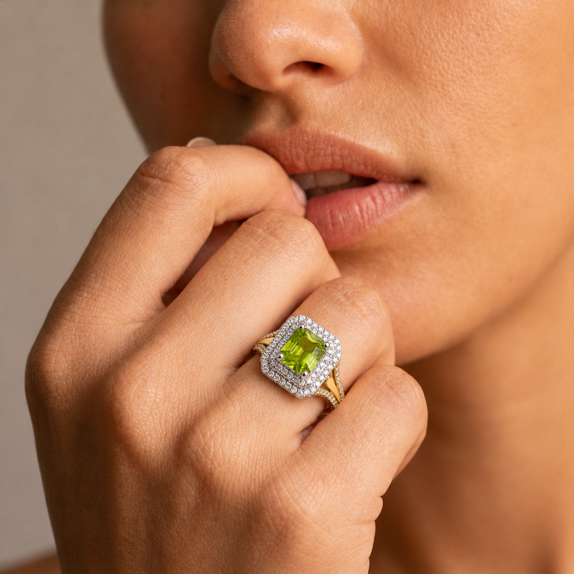 9ct Yellow & White Gold Peridot Double Halo Ring