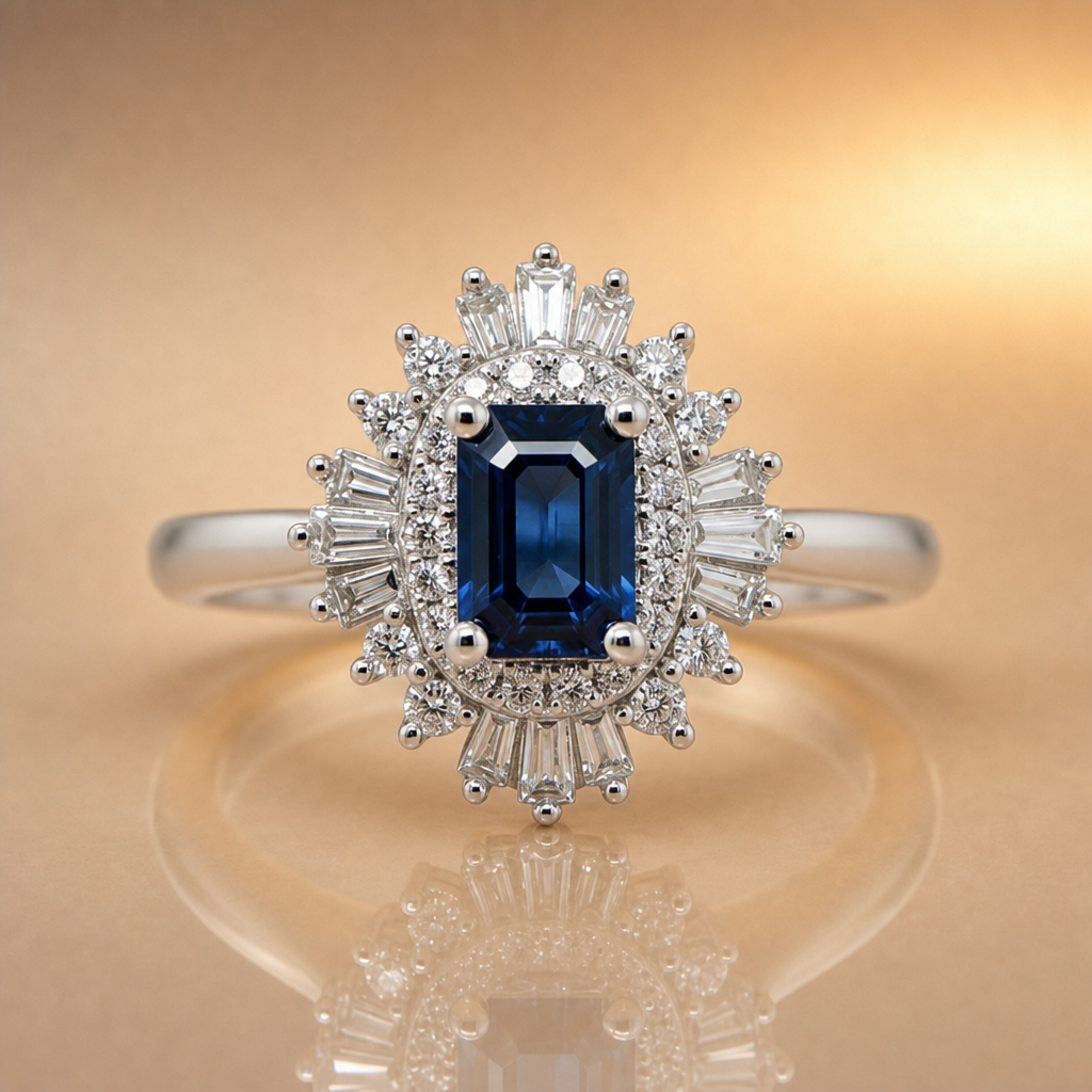 Elegant ring with a blue gemstone and diamond accents on a reflective surface.