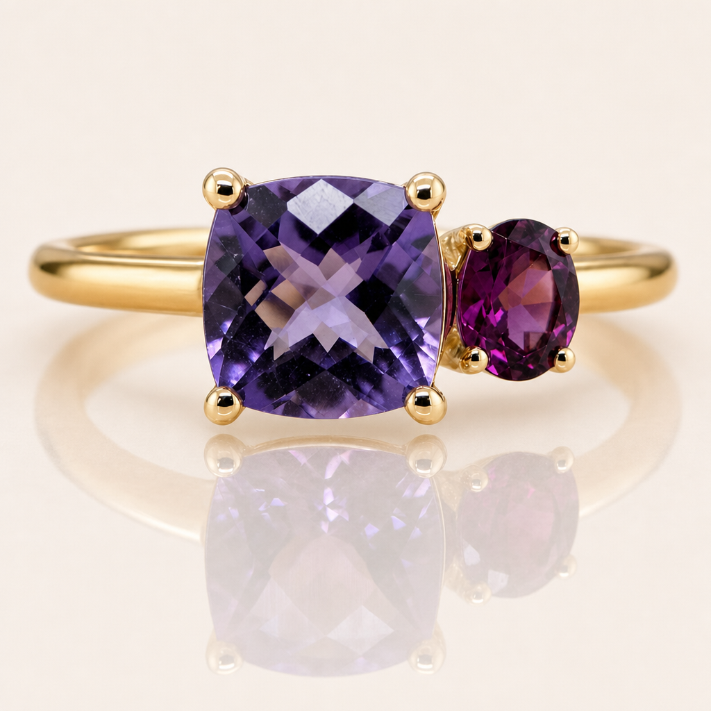 Amethyst & Rhodolite Garnet Ring | Two-Stone | 9ct Yellow Gold