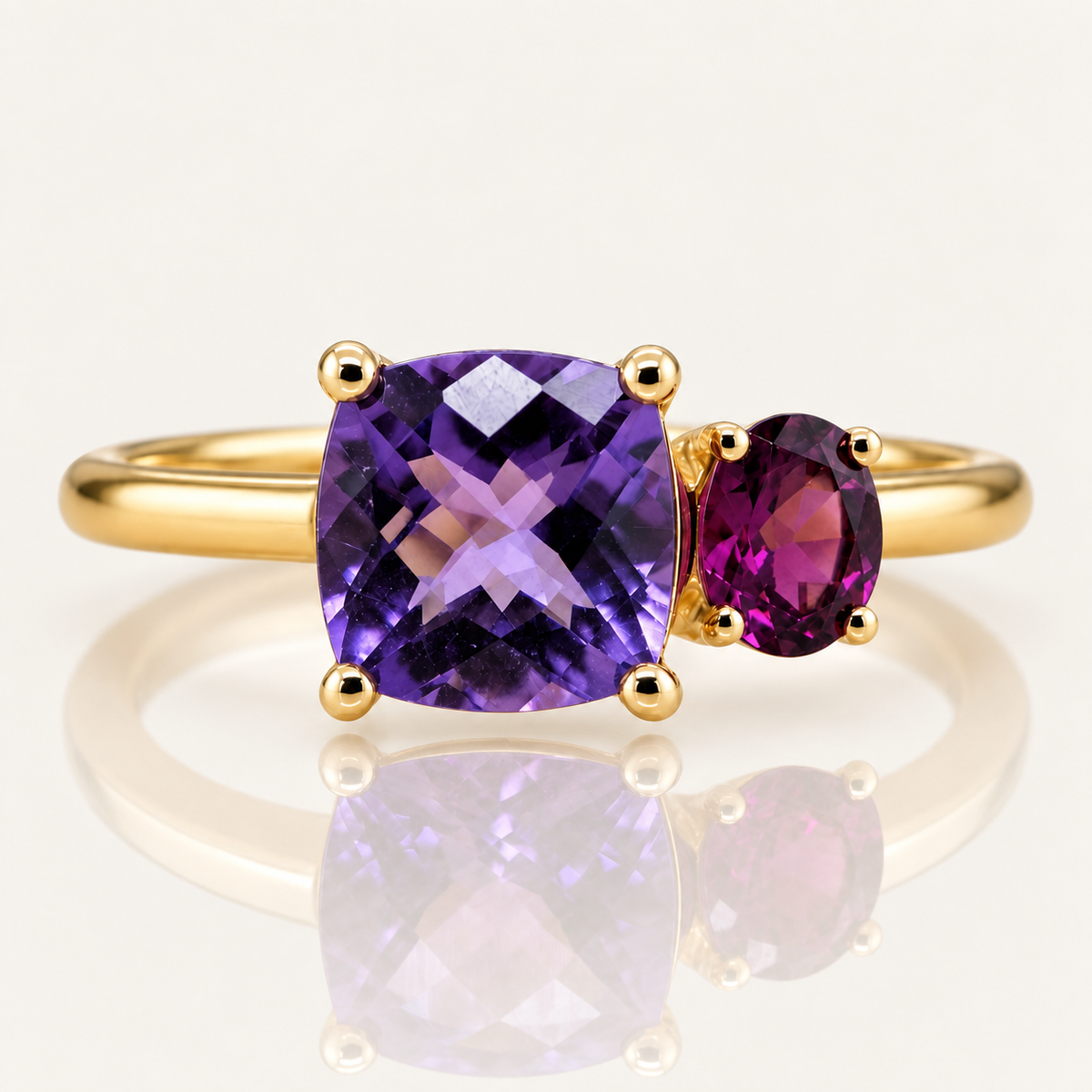 Amethyst & Rhodolite Garnet Ring | Two-Stone | 9ct Yellow Gold