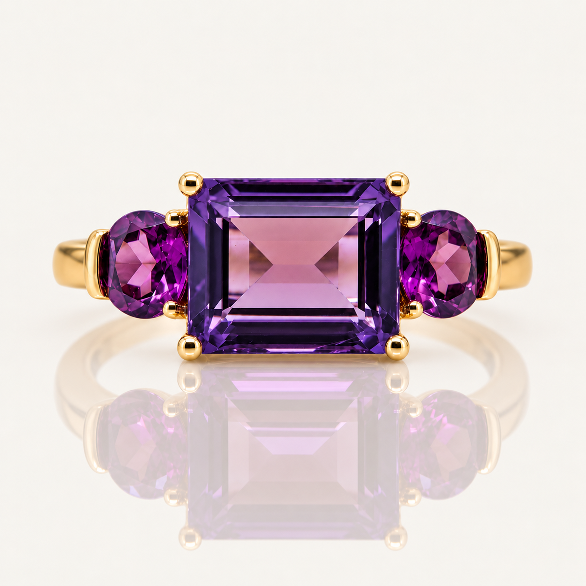 Amethyst & Rhodolite Garnet Three-Stone Ring | 9ct Yellow Gold