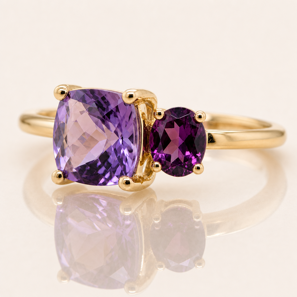 Amethyst & Rhodolite Garnet Ring | Two-Stone | 9ct Yellow Gold