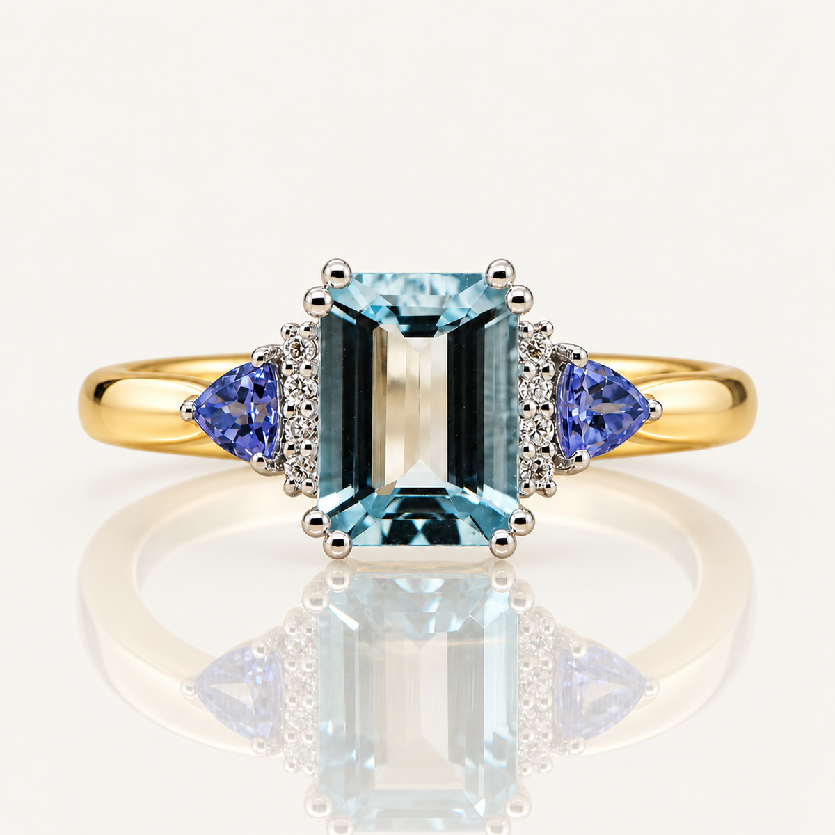 Emerald-Cut Aquamarine, Tanzanite & Diamond Ring | 9ct Two-Tone Gold