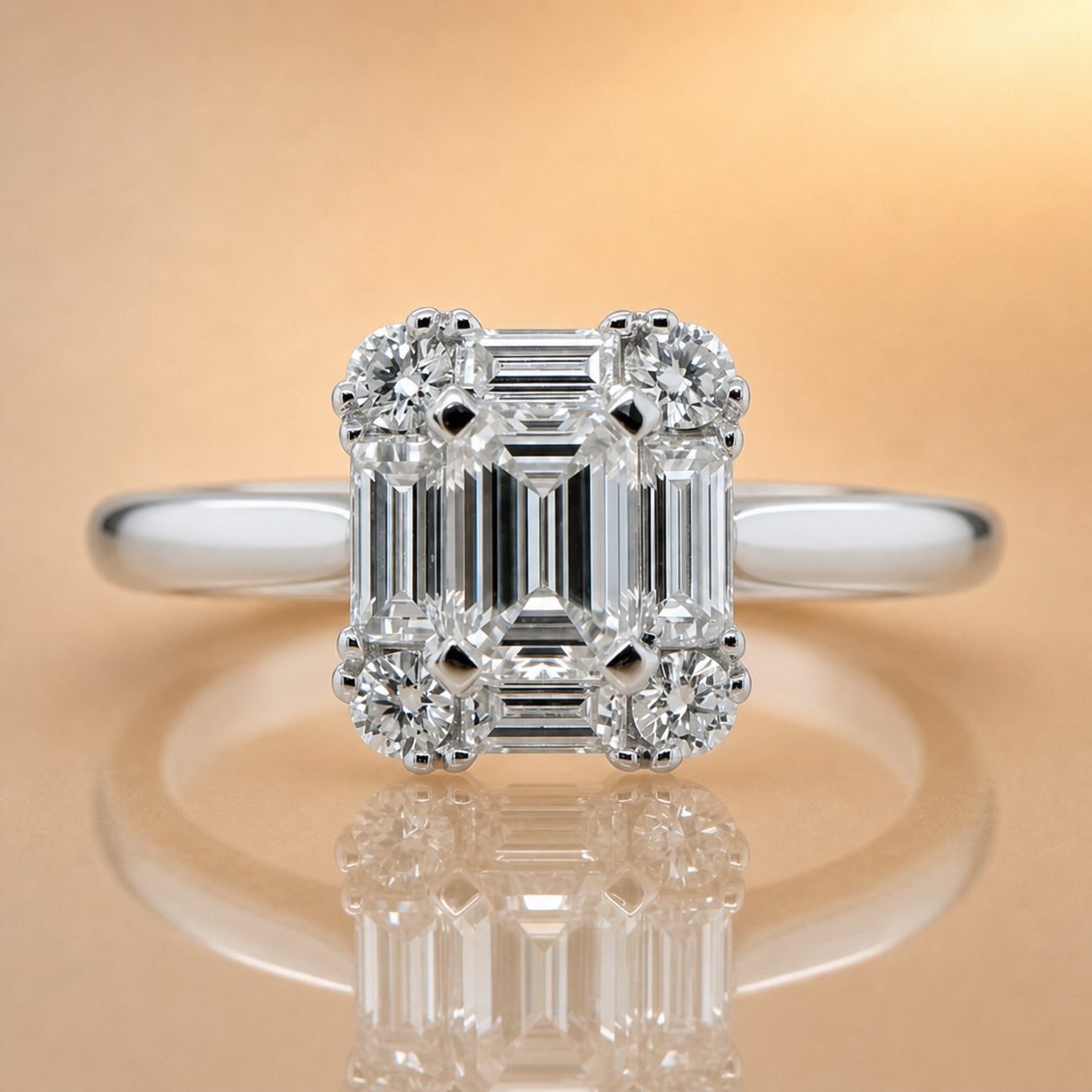 Belle | Emerald Cut Diamond Cluster Ring | Baguette & Round Brilliant Frame | 18ct White Gold