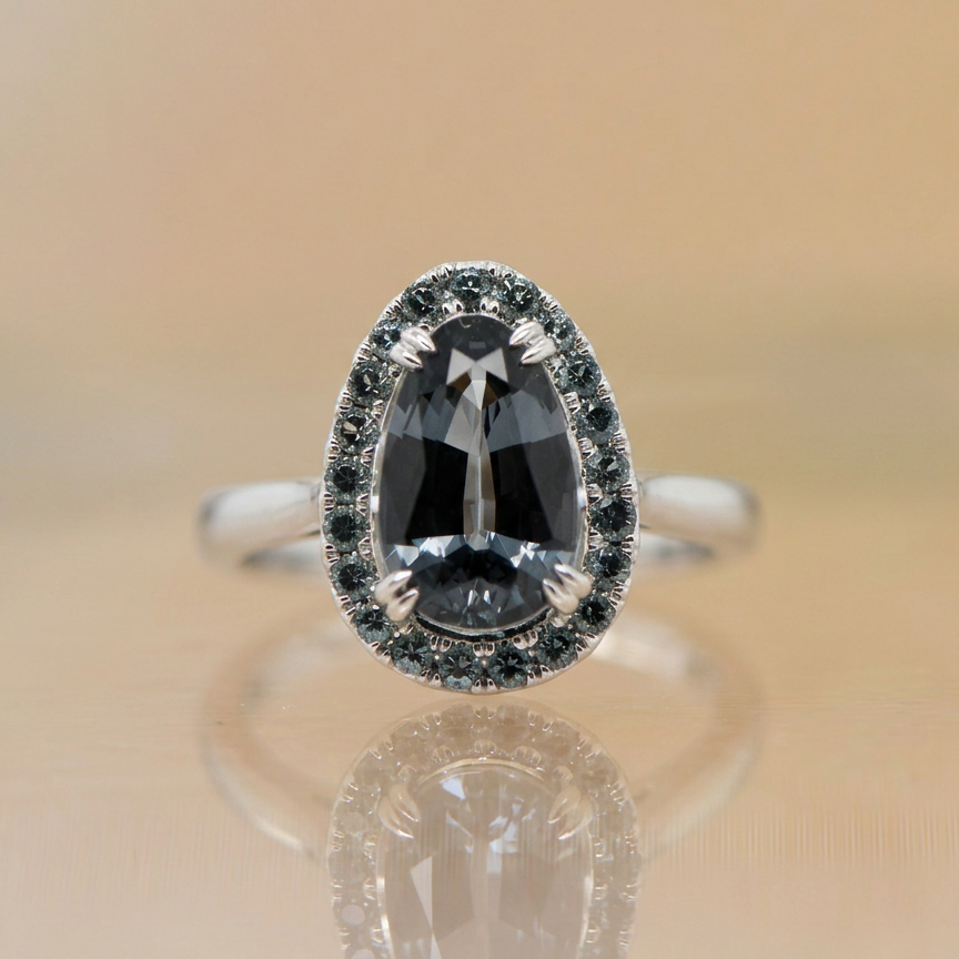 9ct White Gold Pear Grey Spinel Halo Ring