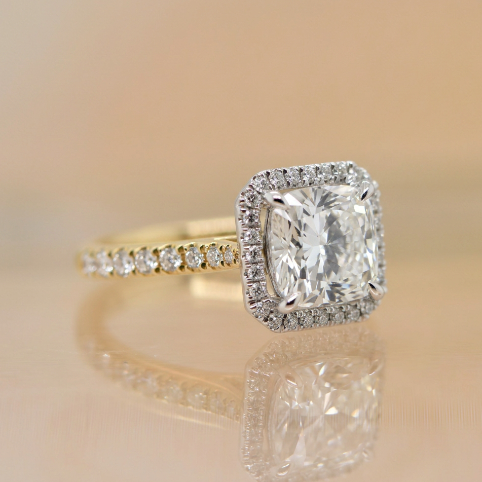 Bonnie | 3.04ct Cushion Cut Lab Grown Diamond with Halo & Diamond Band | Two-Tone 18ct Gold