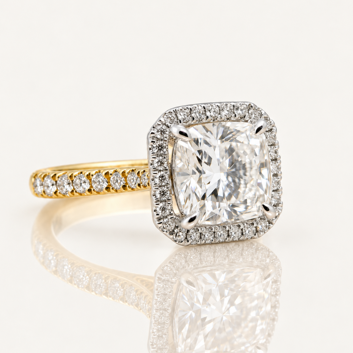 Bonnie | 3.04ct Cushion Cut Lab Grown Diamond with Halo & Diamond Band | Two-Tone 18ct Gold