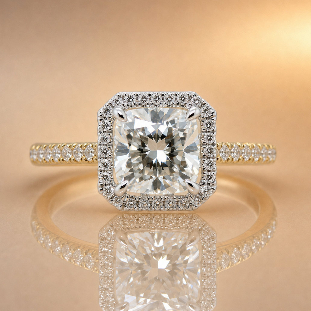 Bonnie | 3.04ct Cushion Cut Lab Grown Diamond with Halo & Diamond Band | Two-Tone 18ct Gold