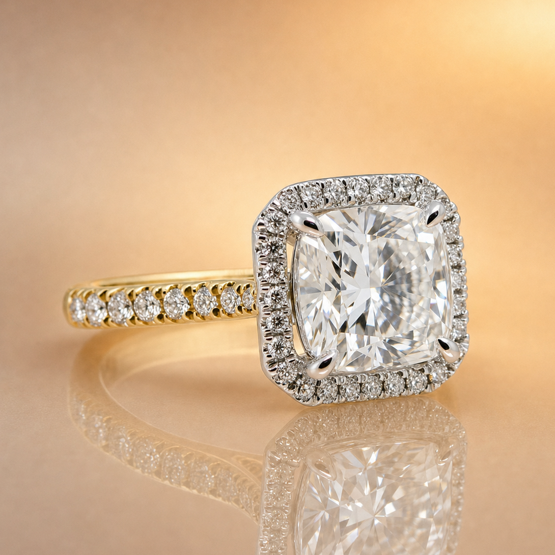 Bonnie | 3.04ct Cushion Cut Lab Grown Diamond with Halo & Diamond Band | Two-Tone 18ct Gold