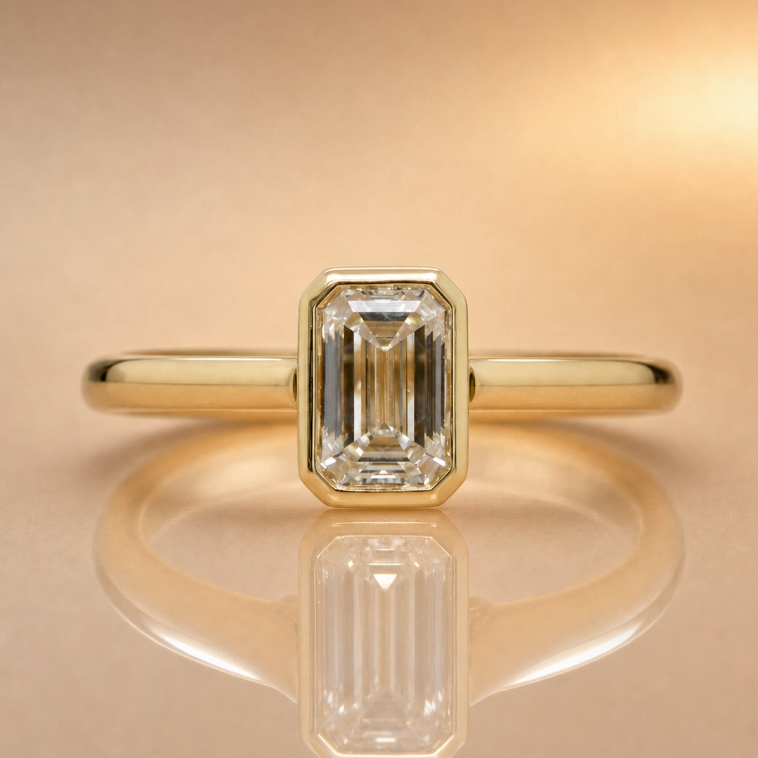 Bree | 1.20ct Emerald Cut Lab Grown Diamond Bezel Set Engagement Ring | 18ct Yellow Gold