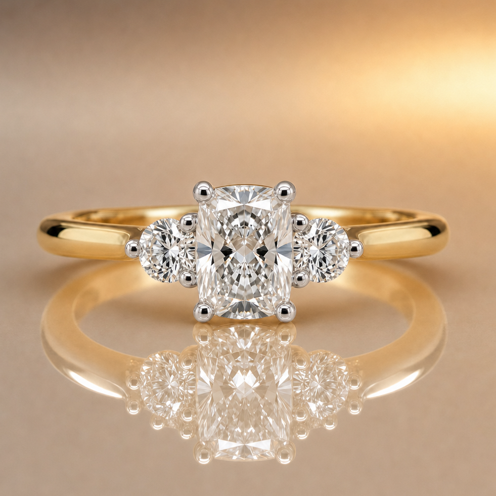 Celine | 1.51ct Long Cushion Cut Lab Grown Diamond Trilogy Engagement Ring | 18ct Yellow & White Gold