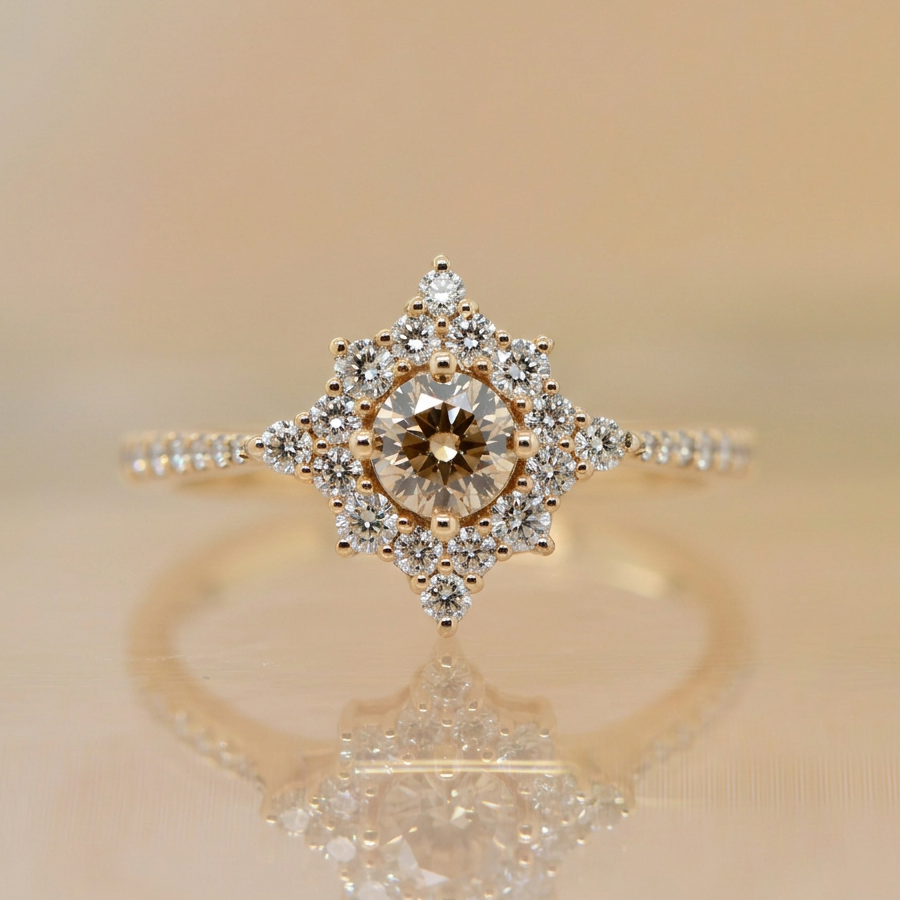 Champagne Diamond Star Halo Ring | 18ct Yellow Gold