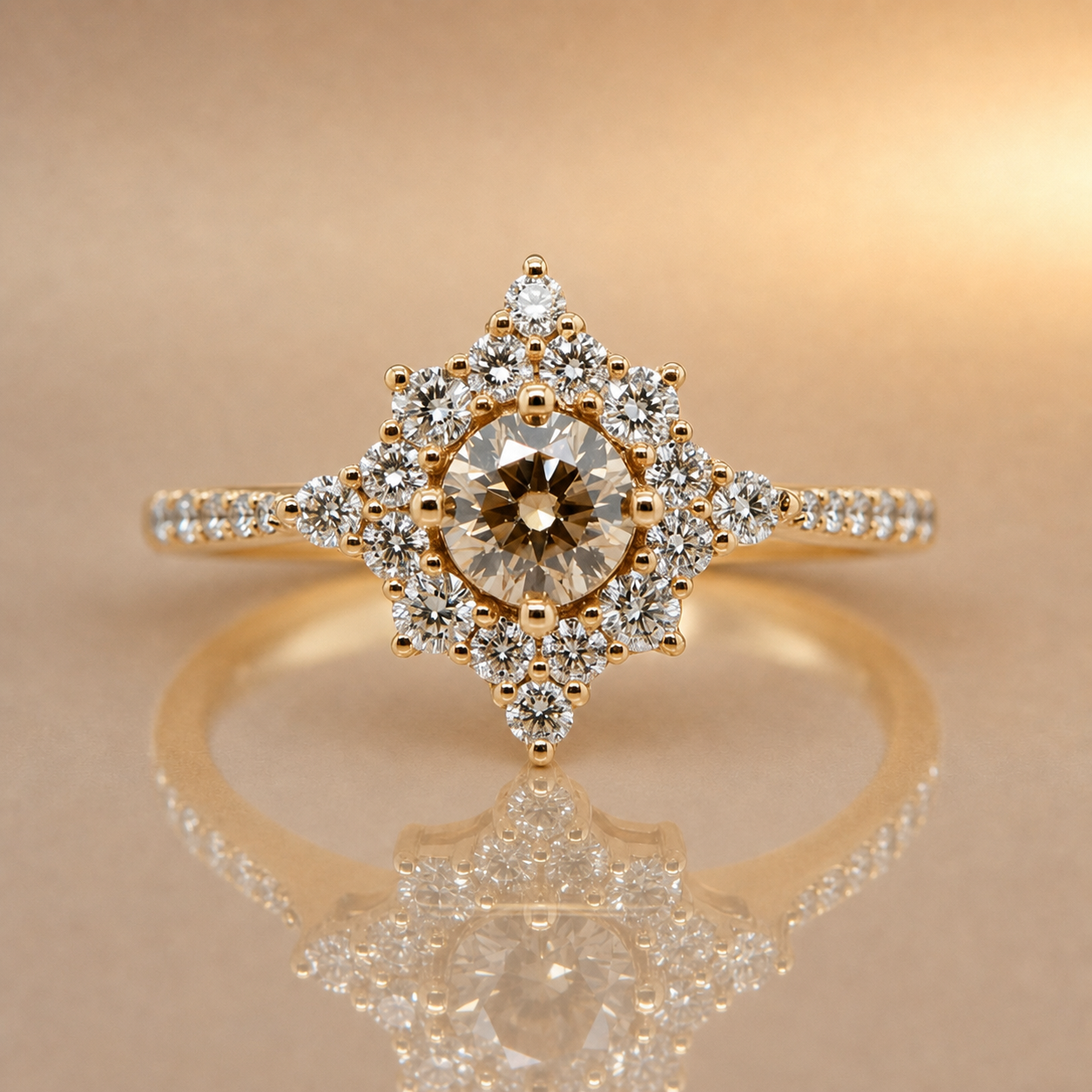 Champagne Diamond Star Halo Ring | 18ct Yellow Gold