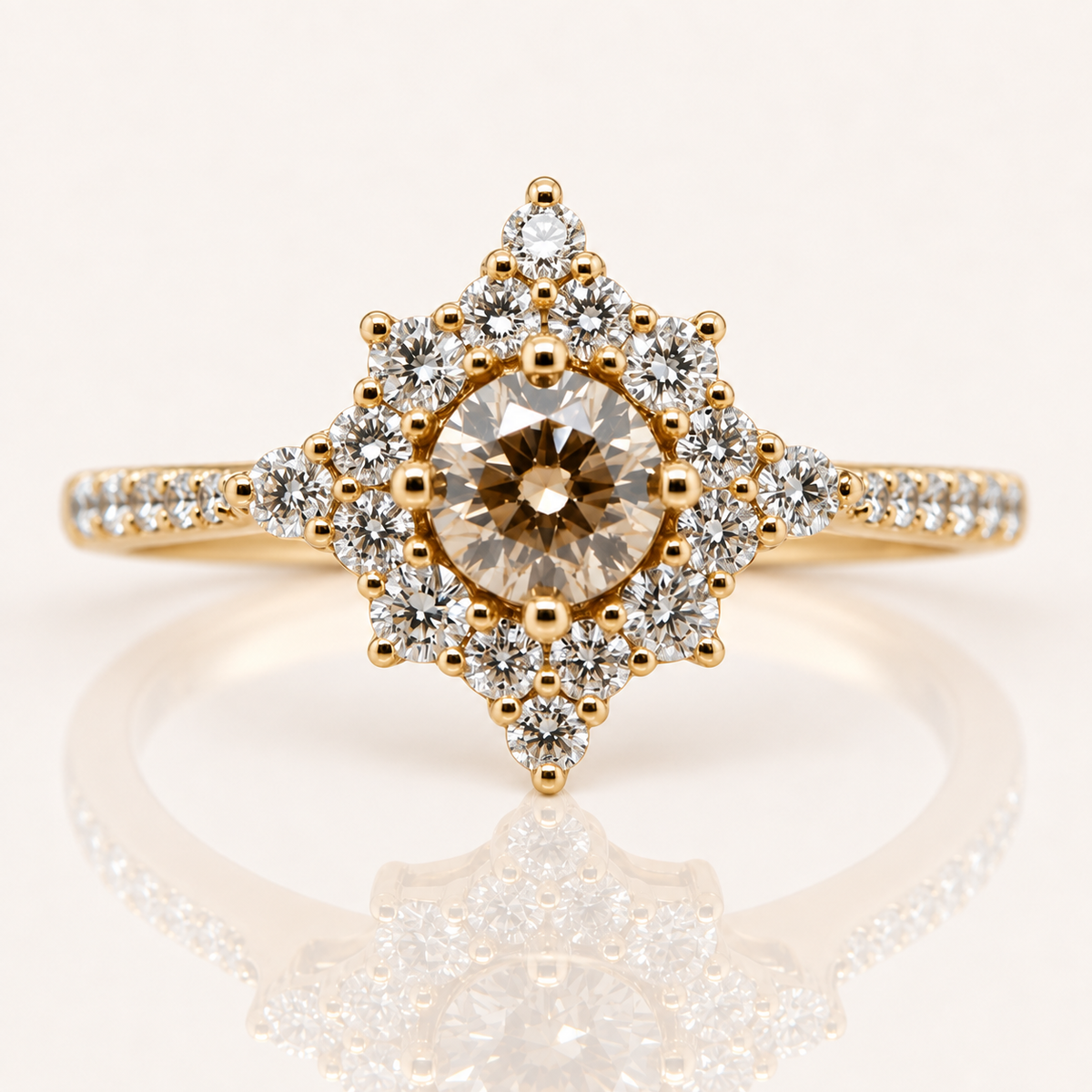 Champagne Diamond Star Halo Ring | 18ct Yellow Gold