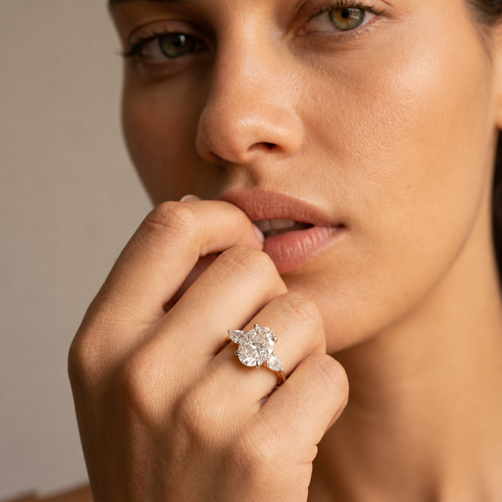 Chloe | 2.52ct Oval & Pear Cut Lab Grown Diamond Trilogy Engagement Ring | 18ct Yellow & White Gold