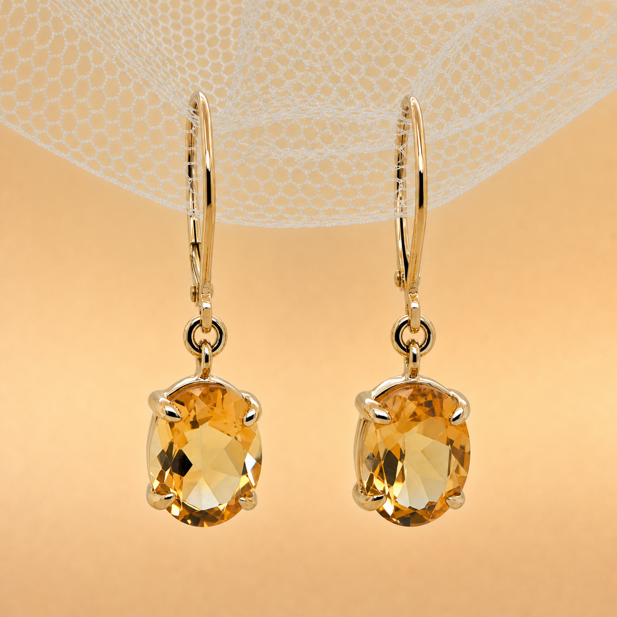 Oval Citrine Lever-Back Drop Earrings | 9ct Yellow Gold