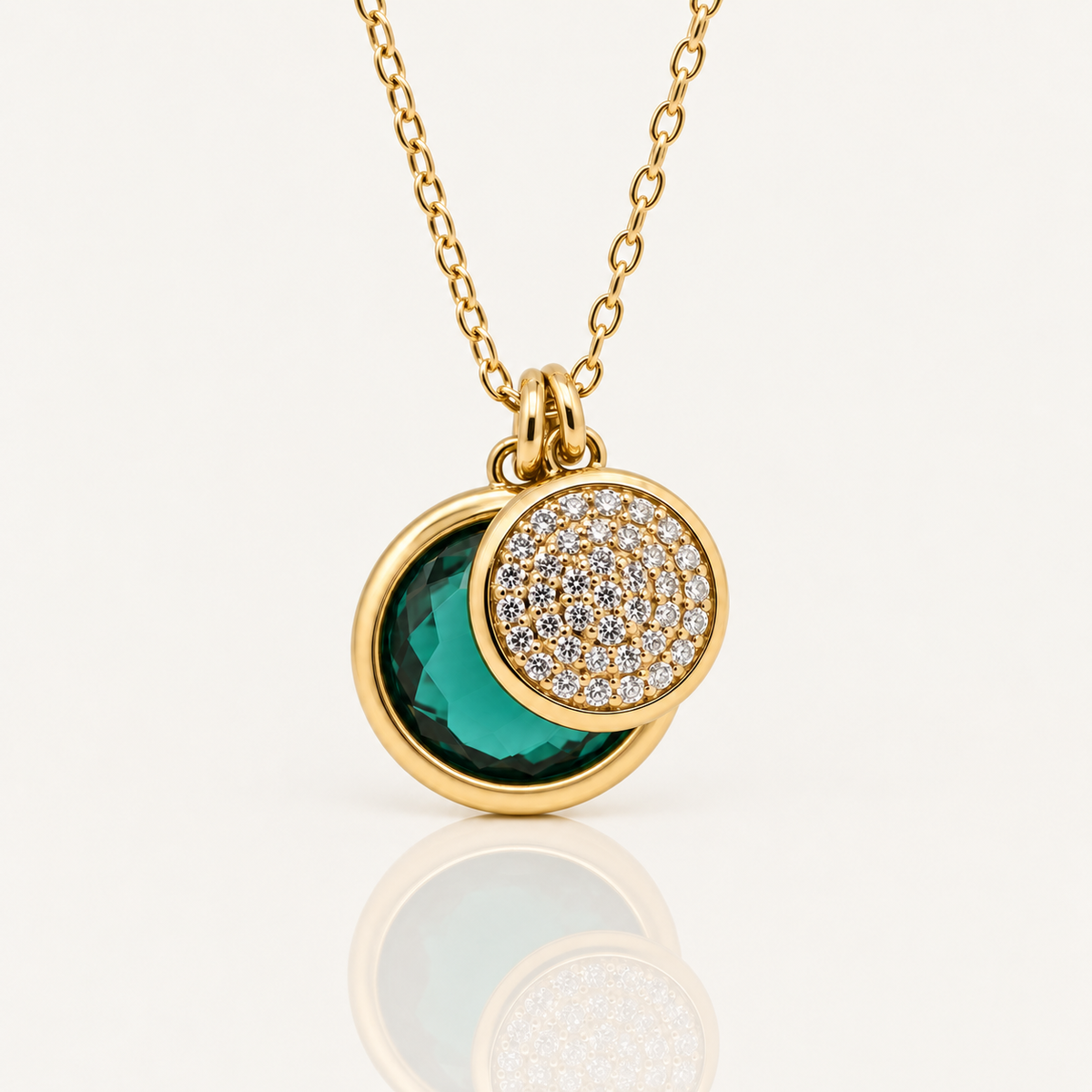 Created Emerald & Diamond Disc Necklace | 10ct Yellow Gold