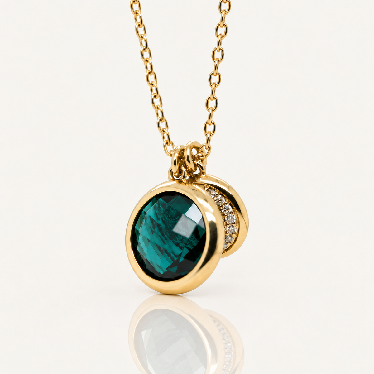 Created Emerald & Diamond Disc Necklace | 10ct Yellow Gold