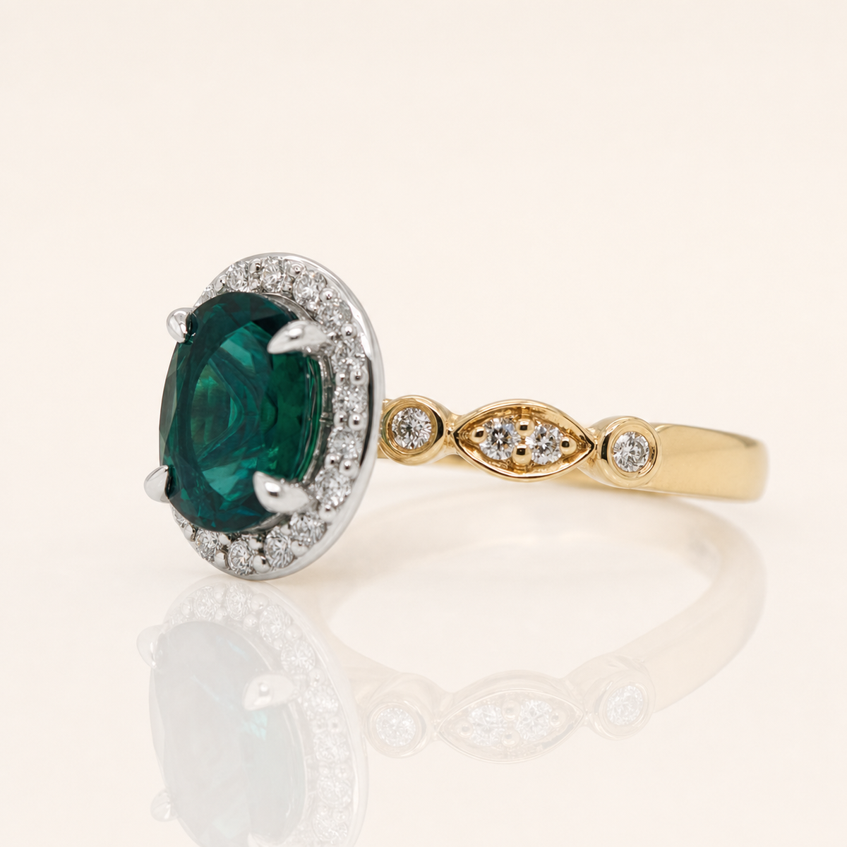 Emilia | Oval Lab Grown Emerald & Diamond Ring | 9ct Yellow & White Gold | Exclusively Paton's Place