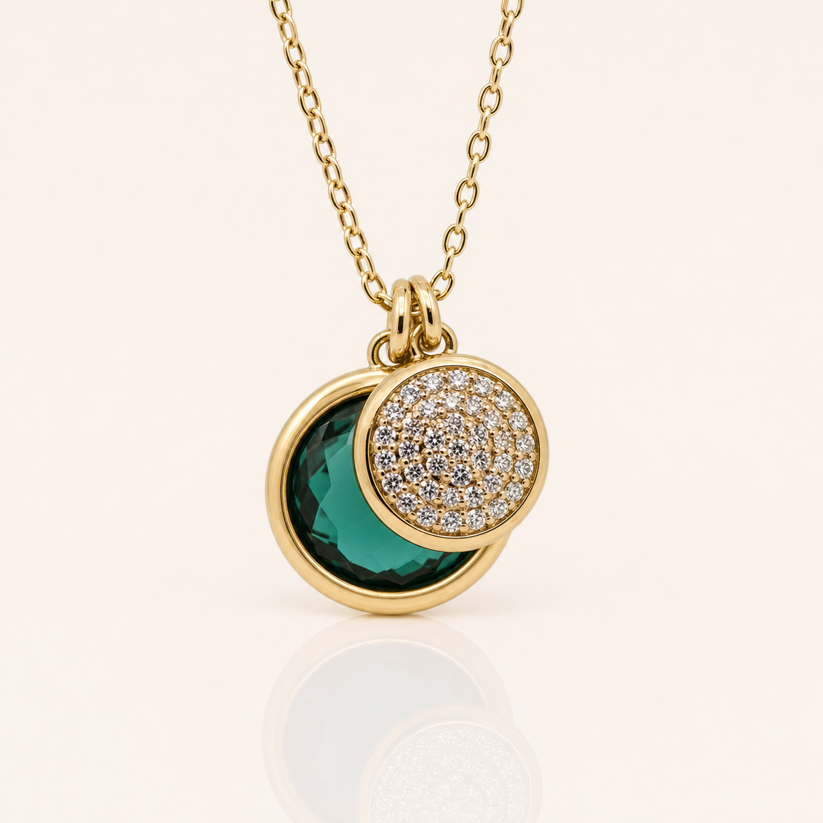 Created Emerald & Diamond Disc Necklace | 10ct Yellow Gold