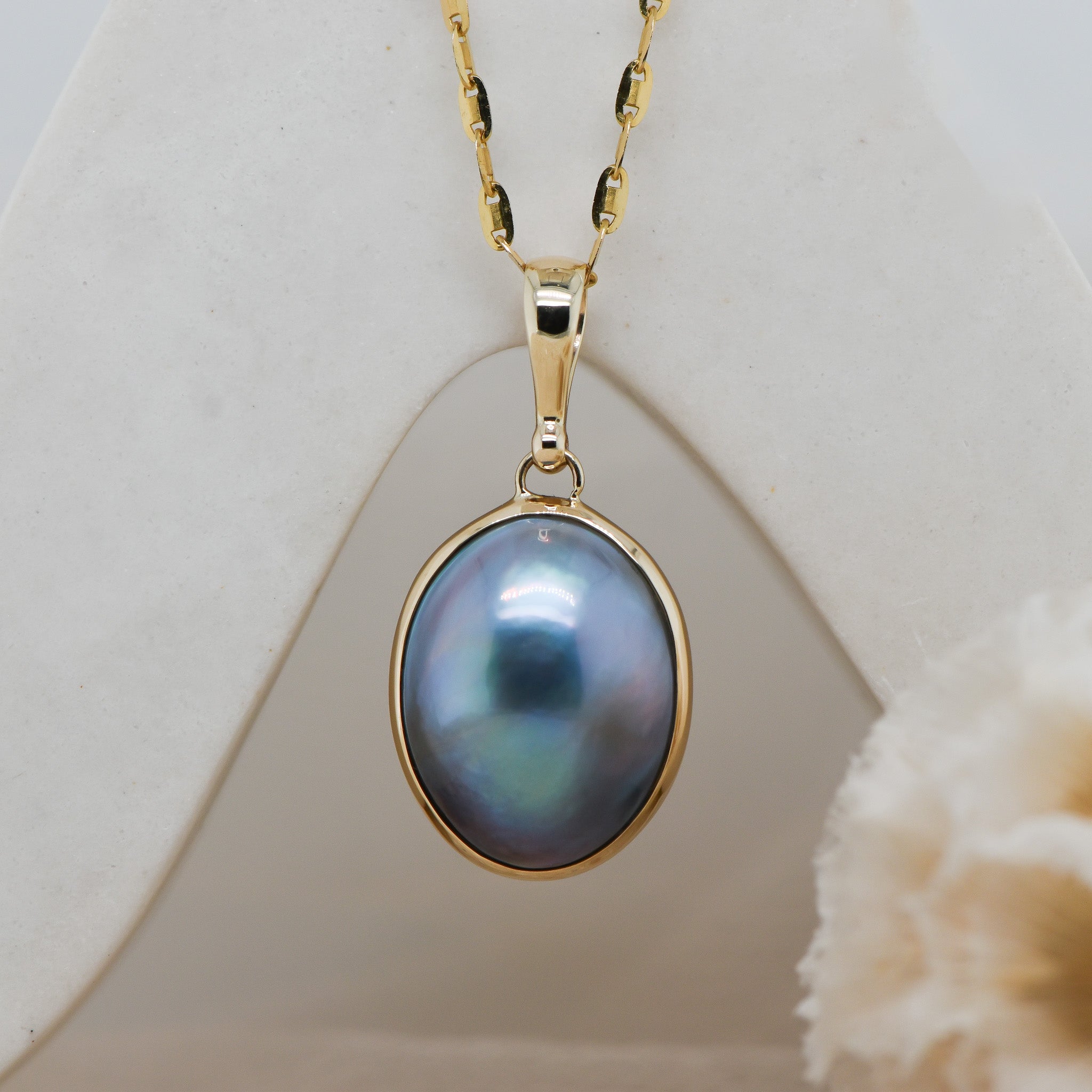 9ct Black Mabe Pearl drop earrings