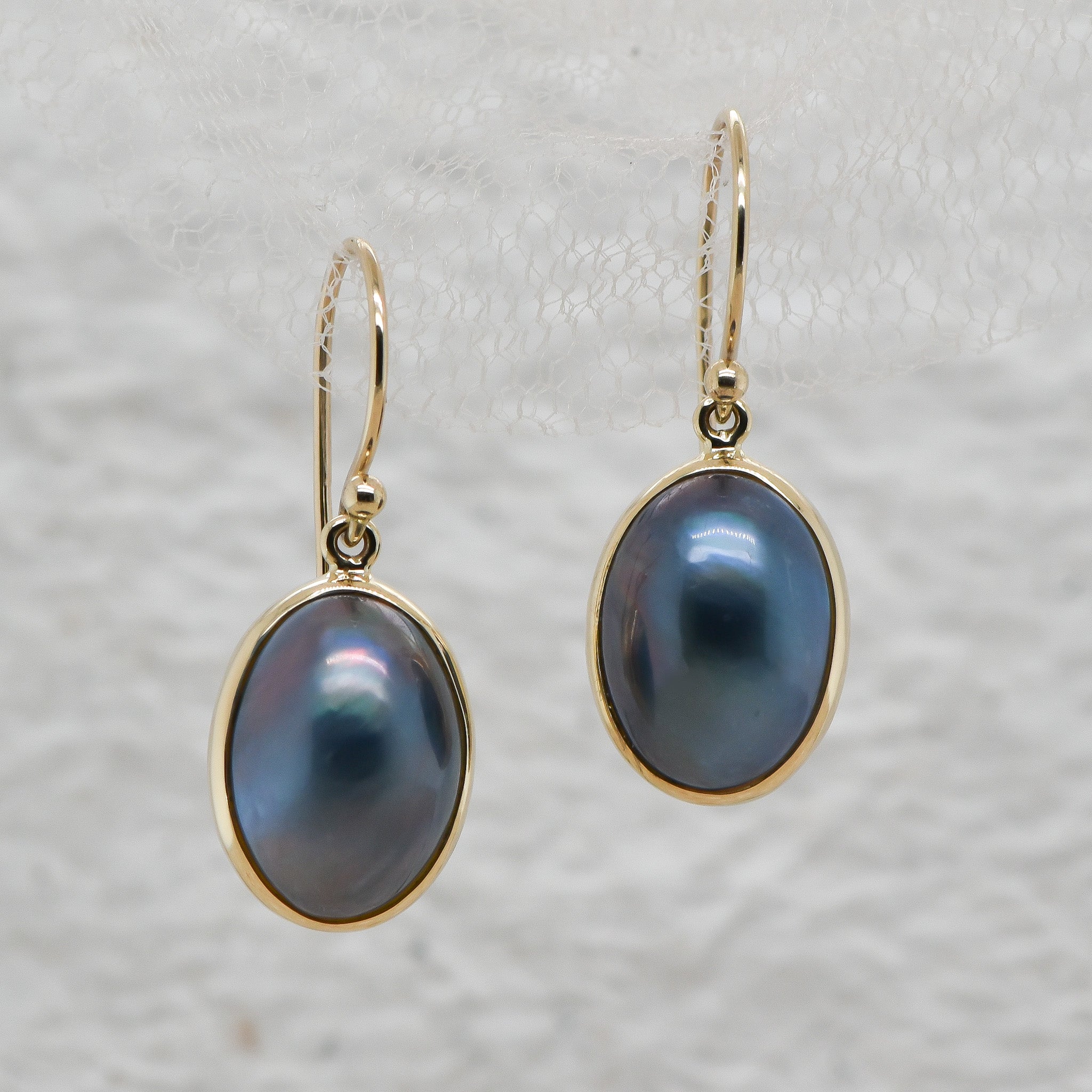9ct Black Mabe Pearl drop earrings