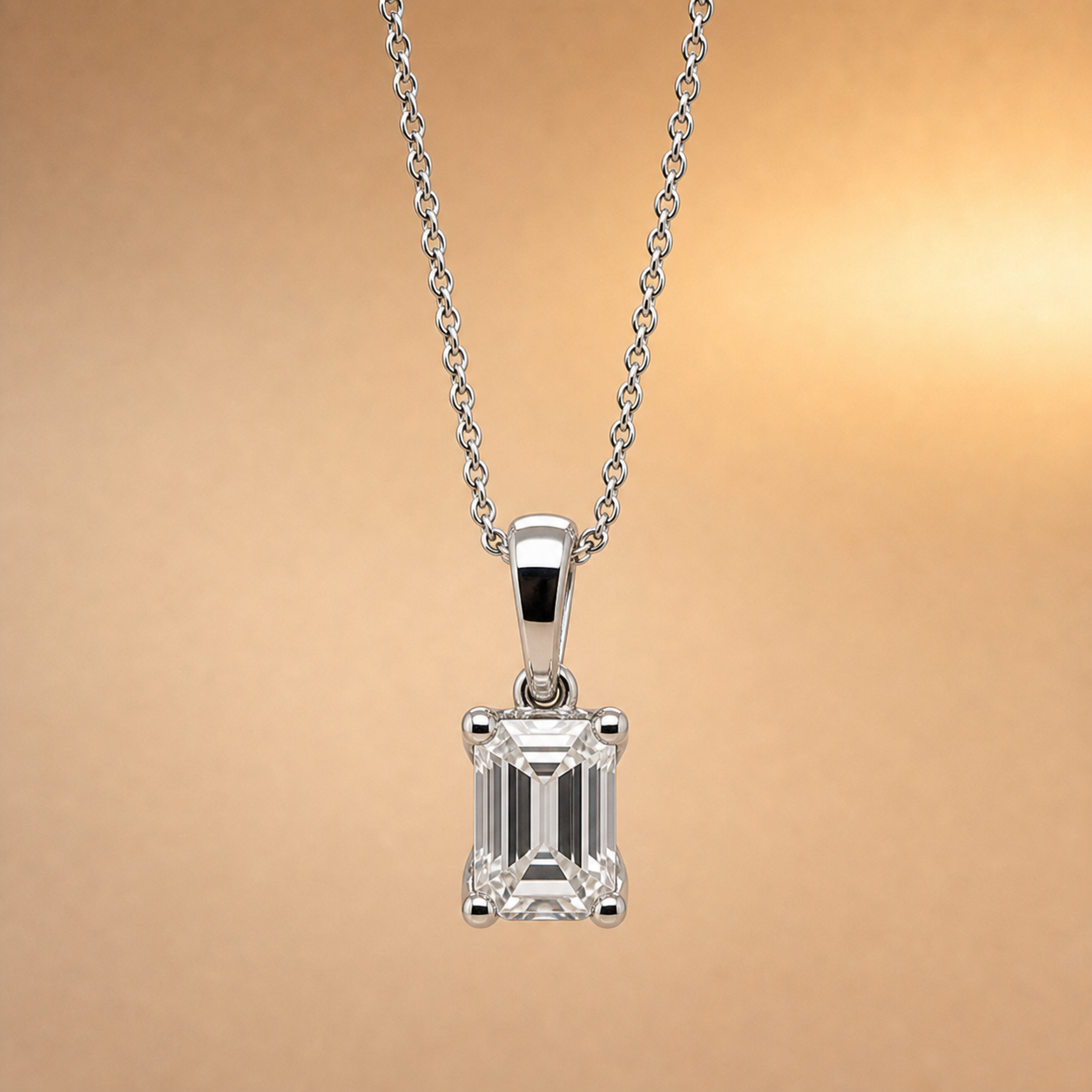 Emerald Cut Lab Grown Diamond Solitaire Pendant | 18ct White Gold