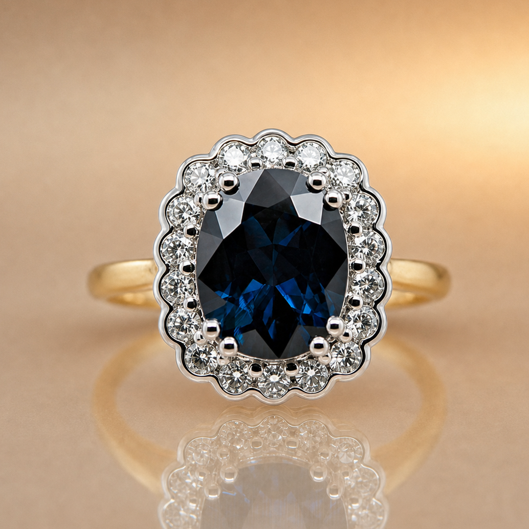 Gold ring with a blue gemstone and diamond accents on a beige background