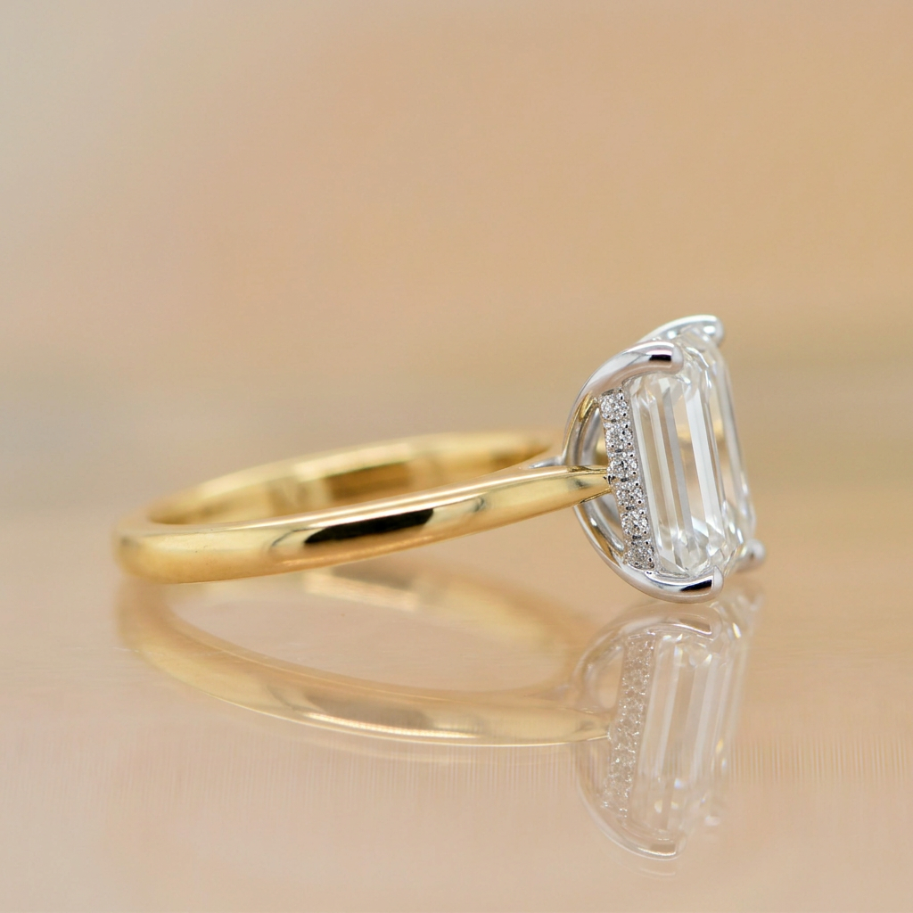 Eden | 3.16ct Emerald Cut Lab Grown Diamond Solitaire Engagement Ring | Hidden Halo | 18ct Yellow & White Gold