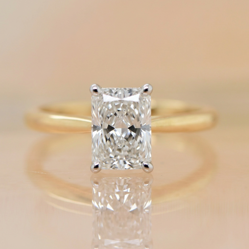 Ellie | 2.05ct Radiant Cut Lab Grown Diamond Engagement Ring | Hidden Halo | 18ct Yellow & White Gold