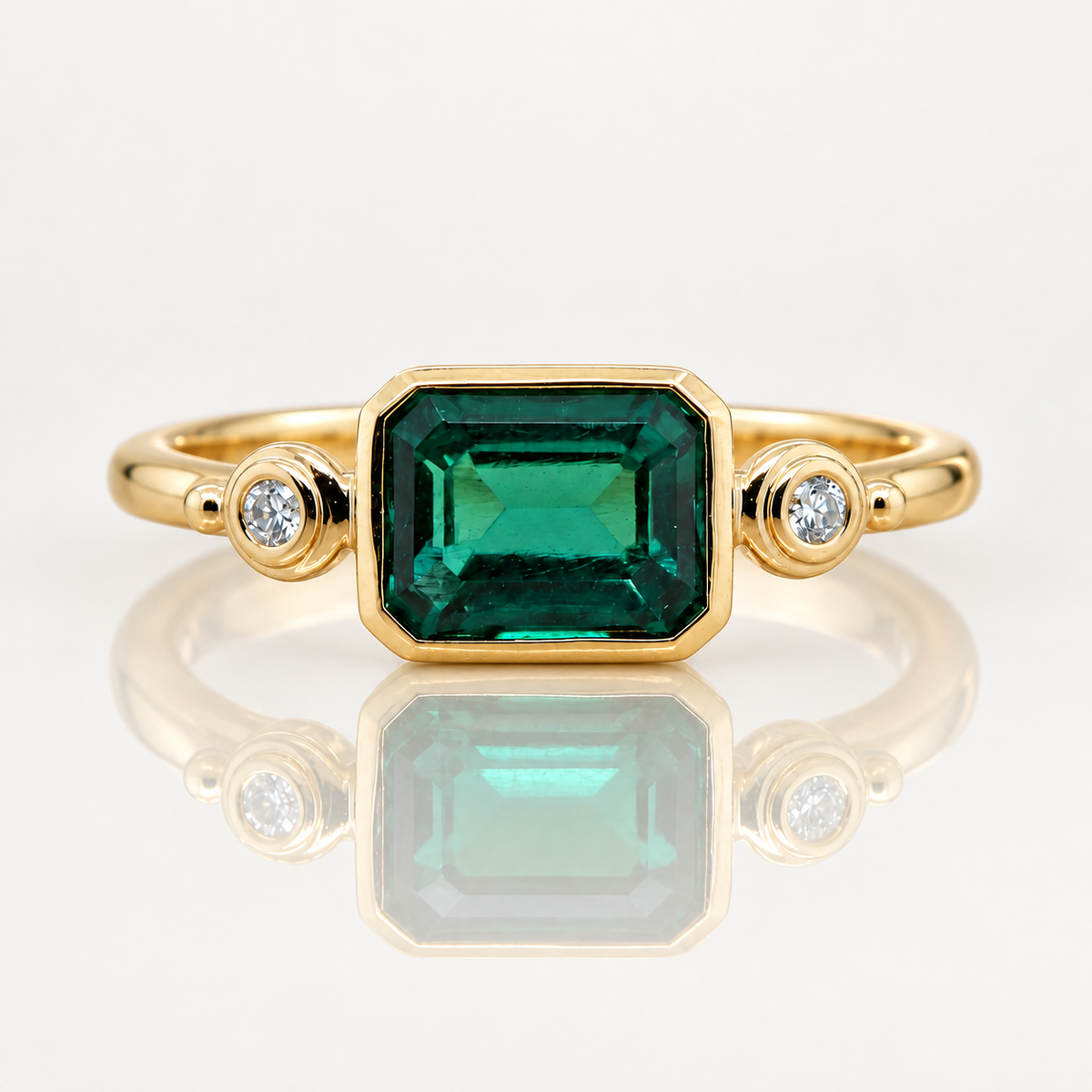Emerald-Cut Created Emerald & Diamond Ring | 9ct Yellow Gold