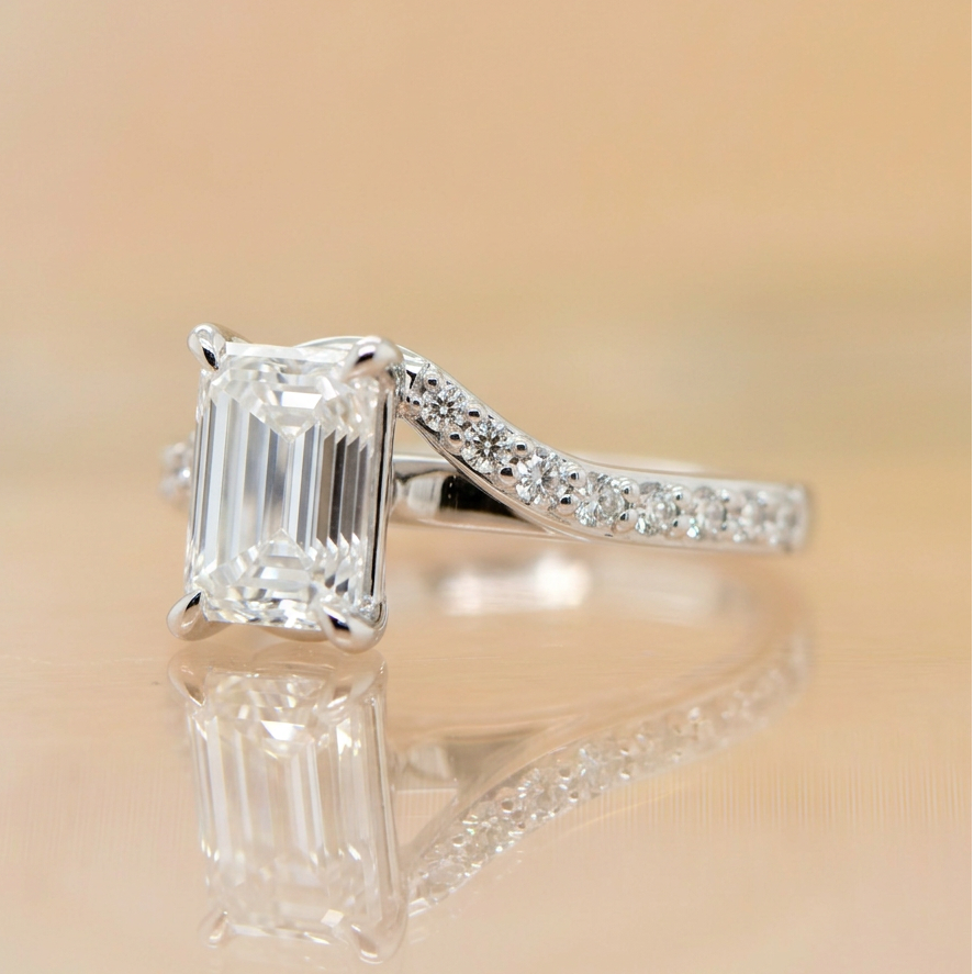 Harlow | 2.03ct Emerald Cut Lab Grown Diamond Engagement Ring | Bypass Diamond Shoulders | 18ct White Gold