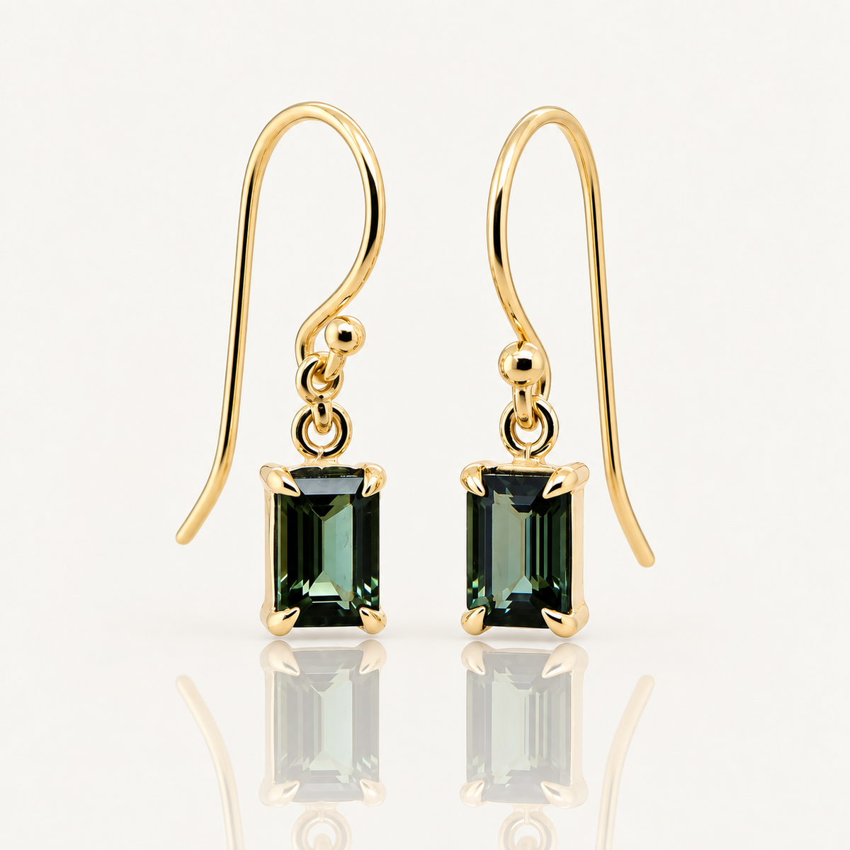 Emerald Cut Green Tourmaline Drop Earrings | 9ct Yellow Gold
