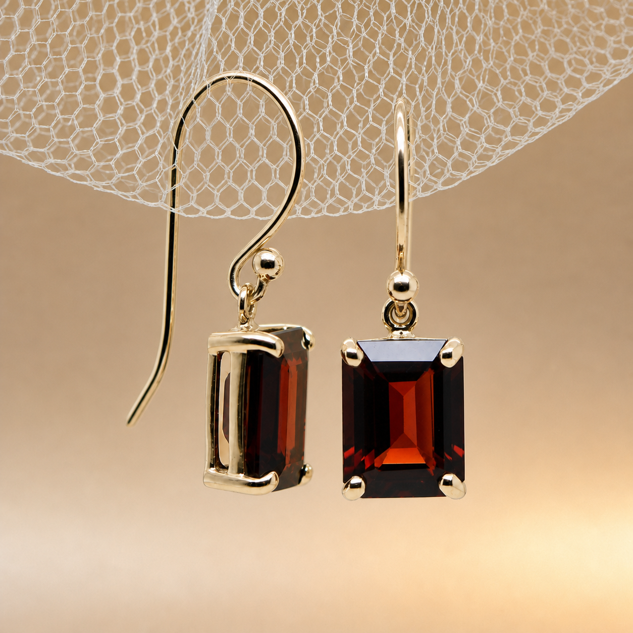 Emerald cut Garnet drop earrings