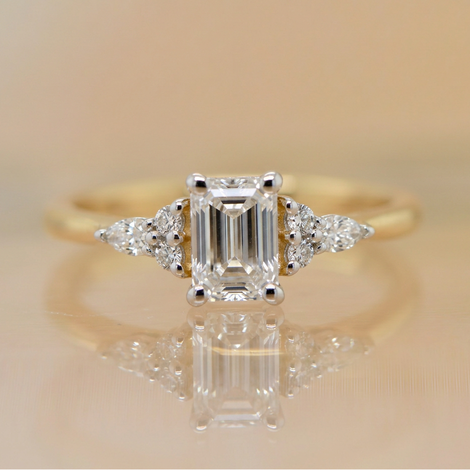 0.78ct Emerald Cut Lab Grown Diamond Engagement Ring | Pear & Round Cluster Shoulders | 9ct Yellow &amp; White Gold