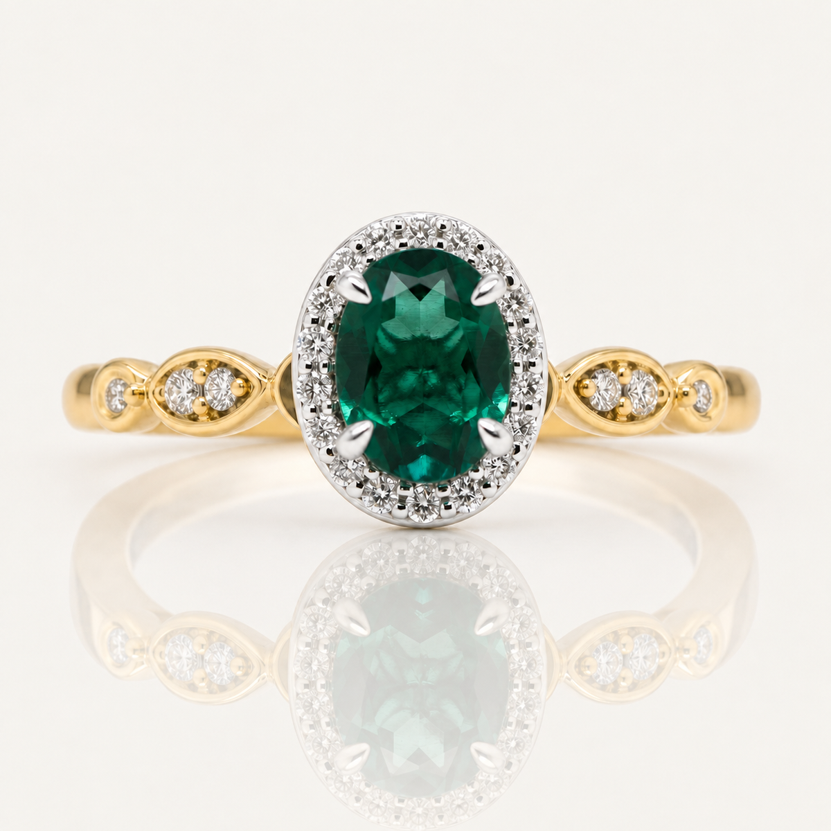 Emilia | Oval Lab Grown Emerald & Diamond Ring | 9ct Yellow & White Gold | Exclusively Paton's Place