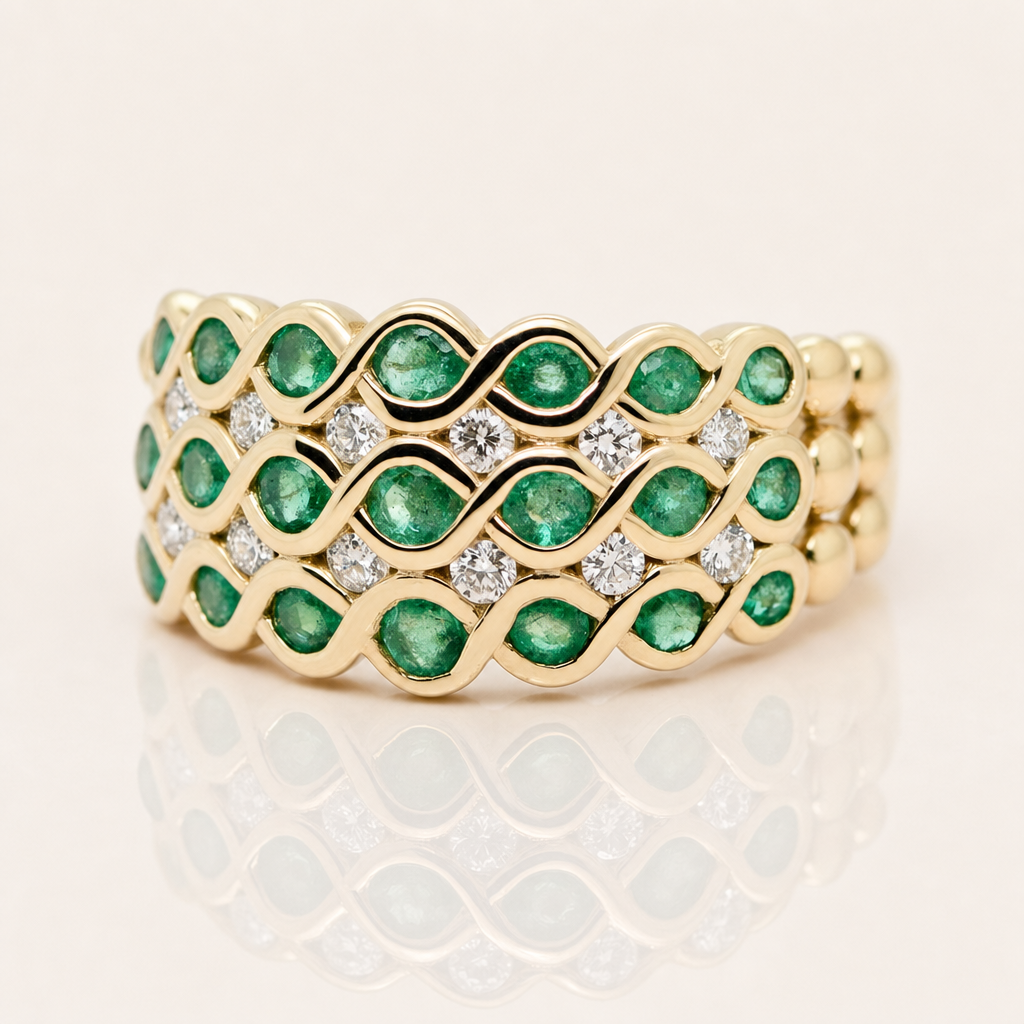 Eva | Emerald & Diamond Wide Ring | 9ct Yellow Gold
