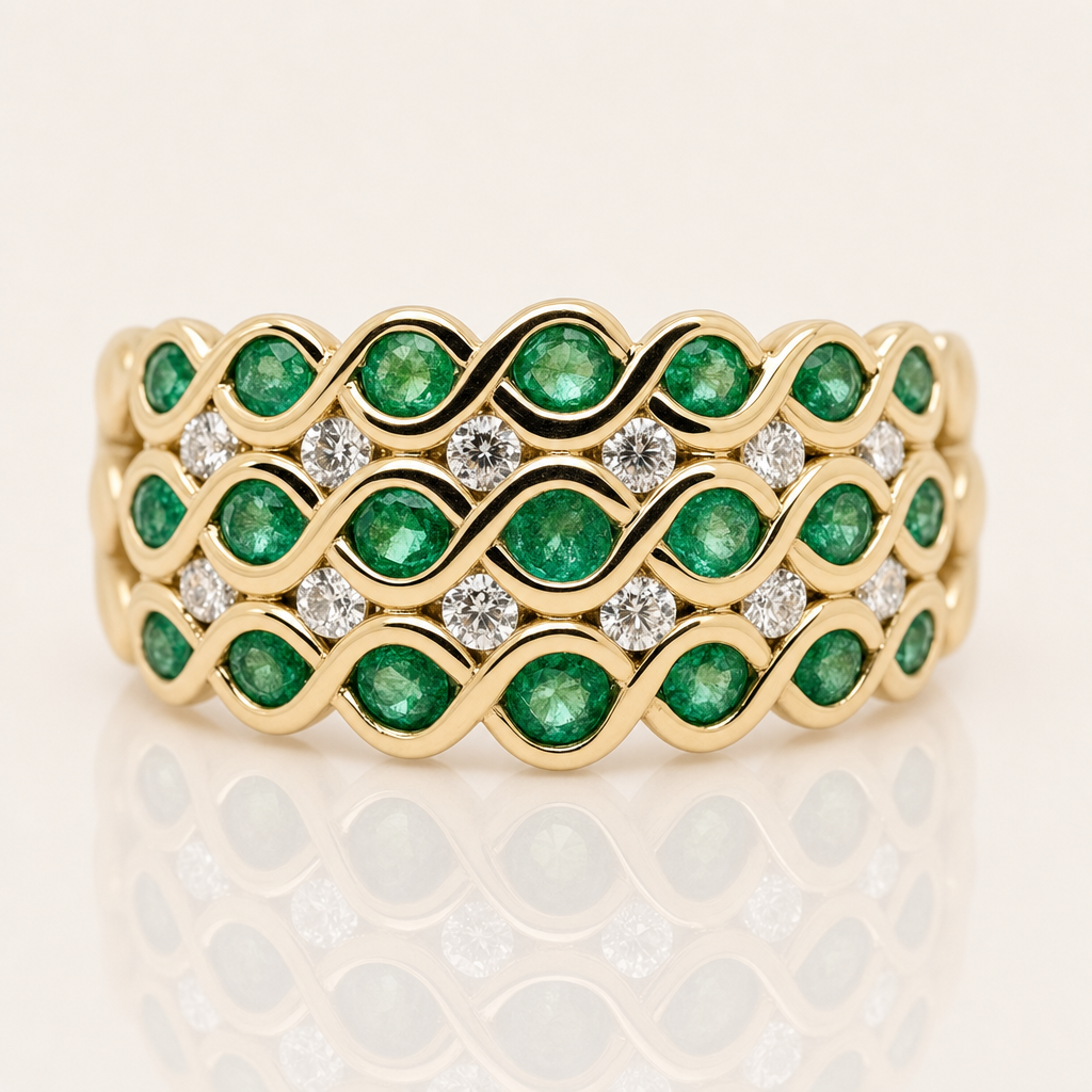 Eva | Emerald & Diamond Wide Ring | 9ct Yellow Gold